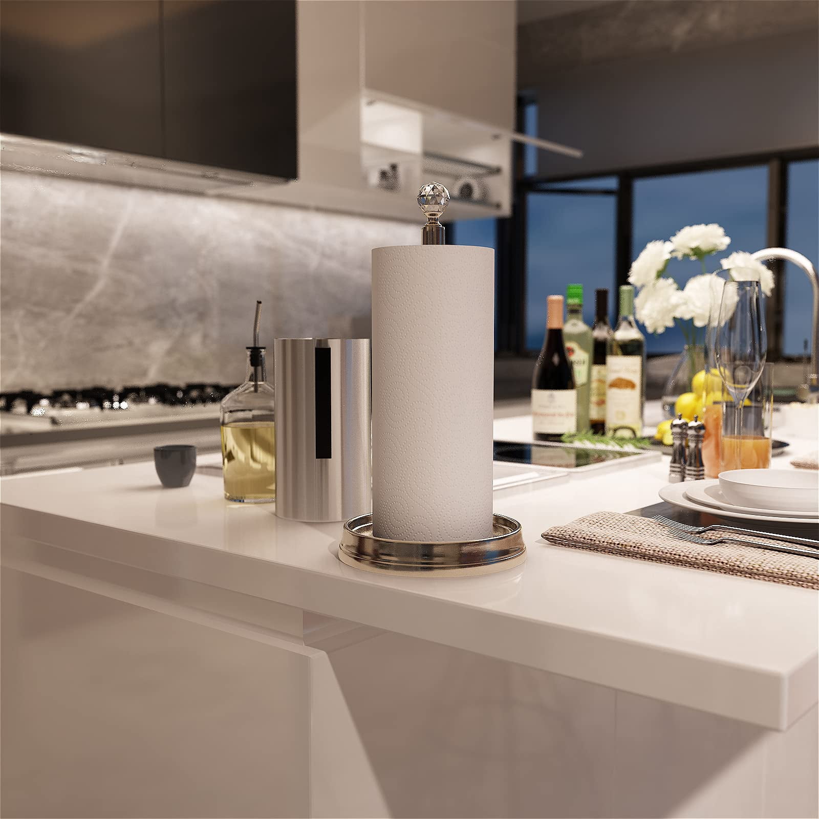Paper Towel Holder With Crystal Ball - Steel Countertop Stand  Fits Standard & Rolls Brushed Nickel
