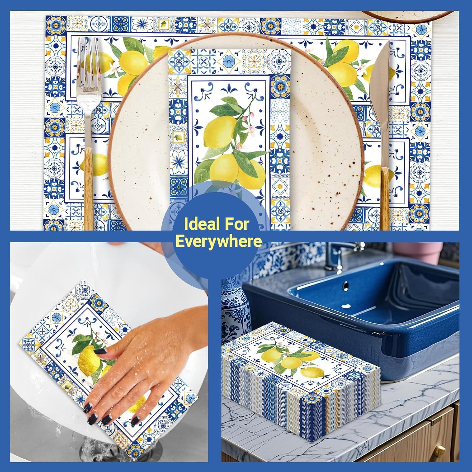 100 PCS Lemons Paper Napkins,Chinoiserie Lemon 3-Ply Decorative Paper Hand Towels Summer Yellow Lemon Napkins Home Party Guest Napkin Wedding Shower Party Decor Napkins