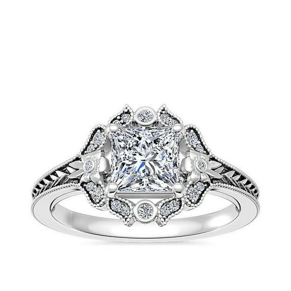 0.60 Carat VS1 Princess Cut Real Diamond Stylish Radiating Halo Engagement Rings in Solid 14K White Gold Size 7
