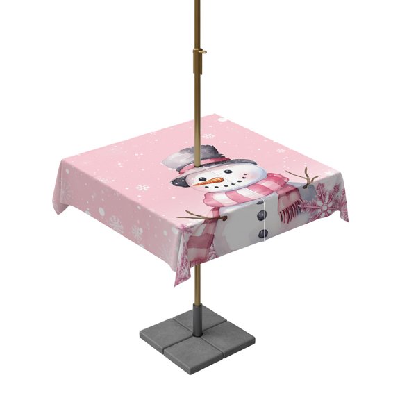 Outdoor Table Cloth with Umbrella Hole and Zipper, Pink Snowman Christmas Waterproof Square Tablecloth 54"x54", Xmas Pink Snowflake Winter Washable Table Cover for Outside Party Patio Picnic