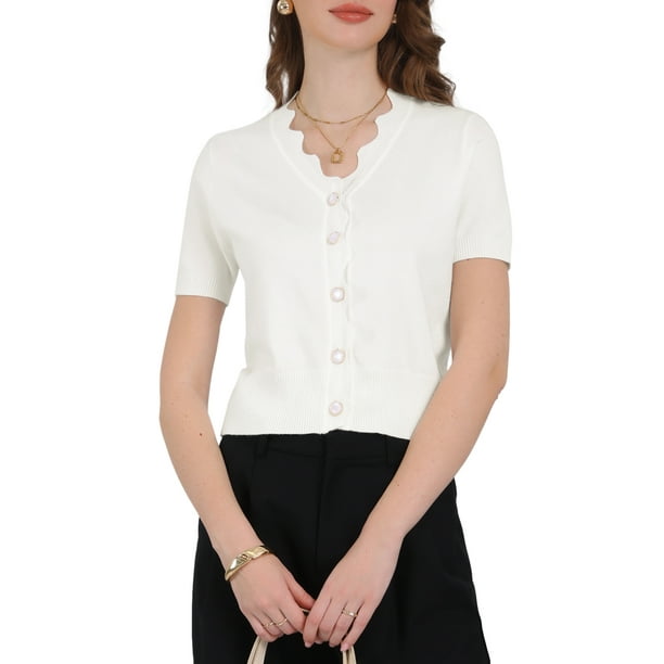 Suéteres de punto cortos de manga corta con cuello en V para mujeres Inspire Chic de verano 2XL blanco