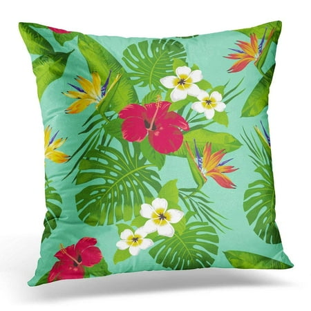 Tropical Leaf Collection ARHOME Green Collection Tropical Flowers and Leaves on Turquoise Hawaii Throw Pillow Case Pillow Cover Sofa Home Decor 16x16 Inches ()