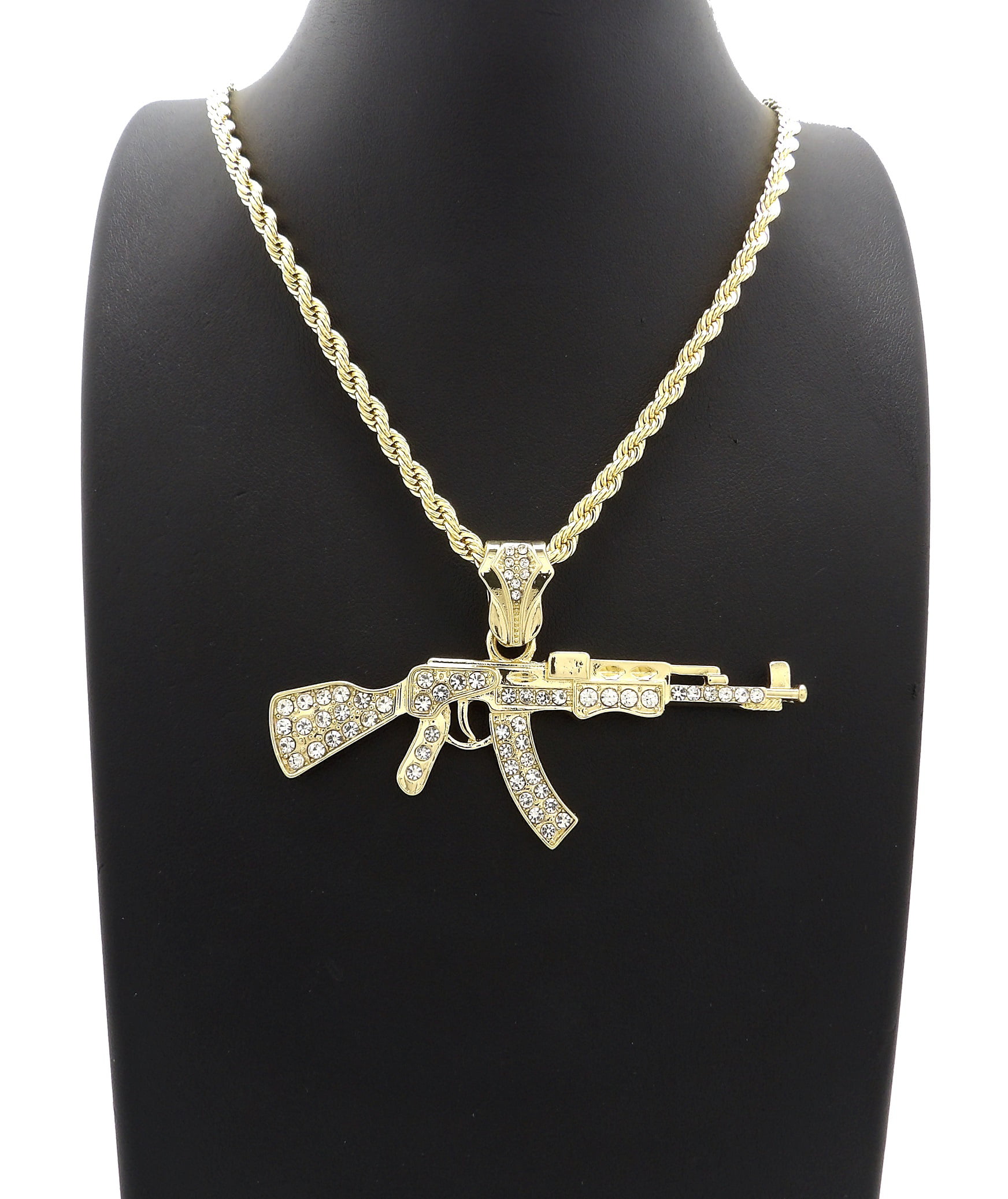 AK-47 Rifle Pendant w/ 24" Chain Gold Tone Mens Necklace HIp Hop Jewelry 
