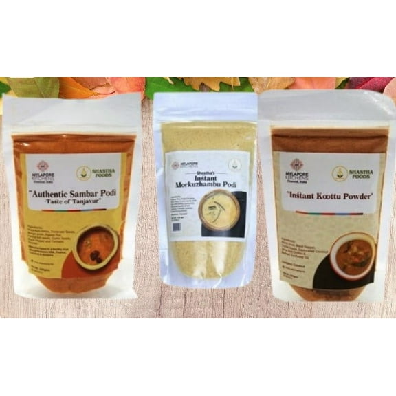 Mylapore Kitchen Mix Combo E - Authentic Sambar Podi 100g, Instant Kootu Powder 100g ,Panakam mix 50g & Instant Morkuzhambu Mix 150g - Pack of 4