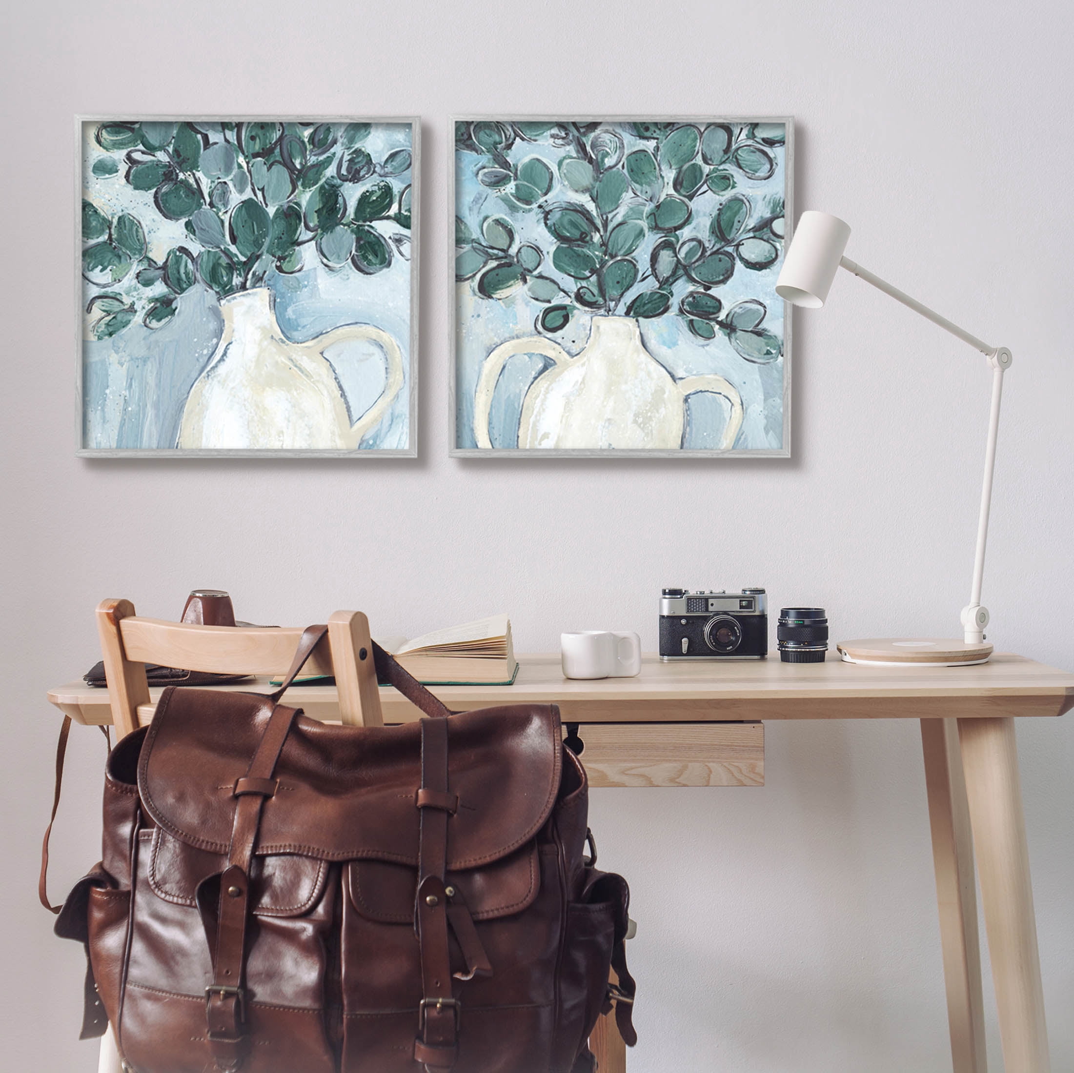 Stupell Industries Contemporary Eucalyptus Herb Vase Painting Gray Framed Art Print Wall Art, Set of 2, Design by Annie Warren