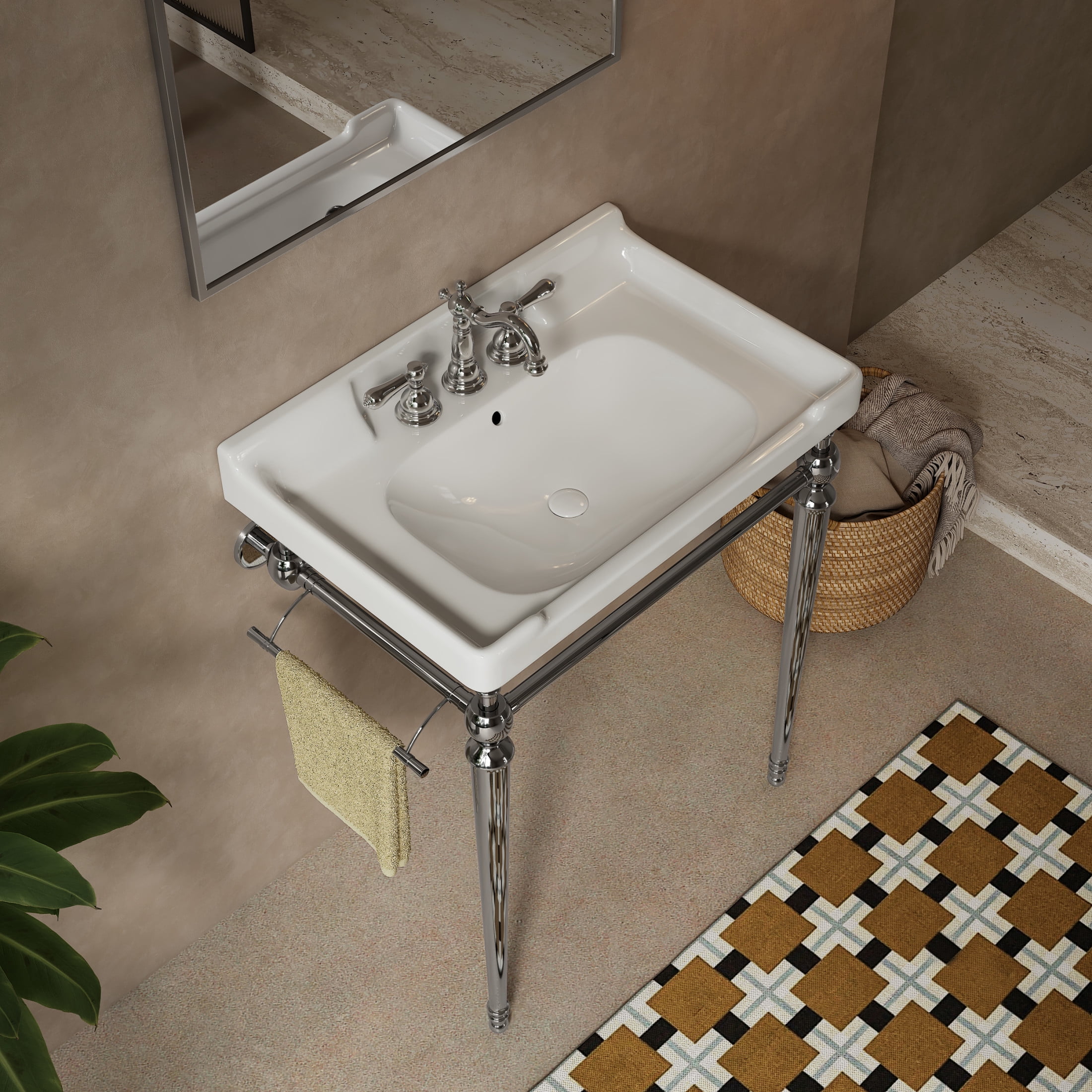 Noble House VICI 28" Bathroom Console Sink, Wall-Mounted Ceramic Basin Vanity with Stainless Steel Legs, White & Chrome