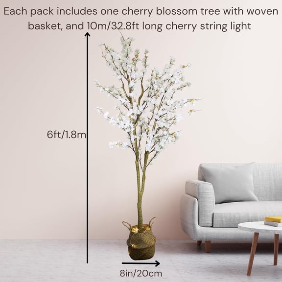 6ft Light  Cherry  Tree with LED Lights & Basket, Tall Artificial White Decorative Tree for Japandi Home Living Room