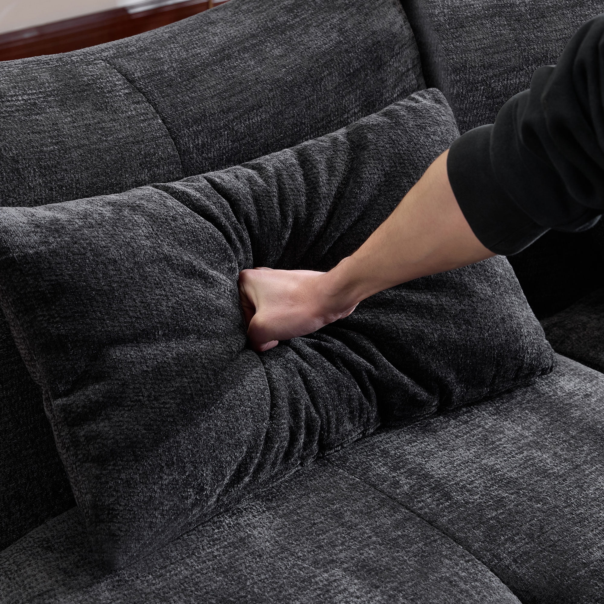 BSHTI 101.58" Chenille Modular Cloud Sofa, Comfortable Sectional Sofa with Convertible Folding Design for Living Room（Black）
