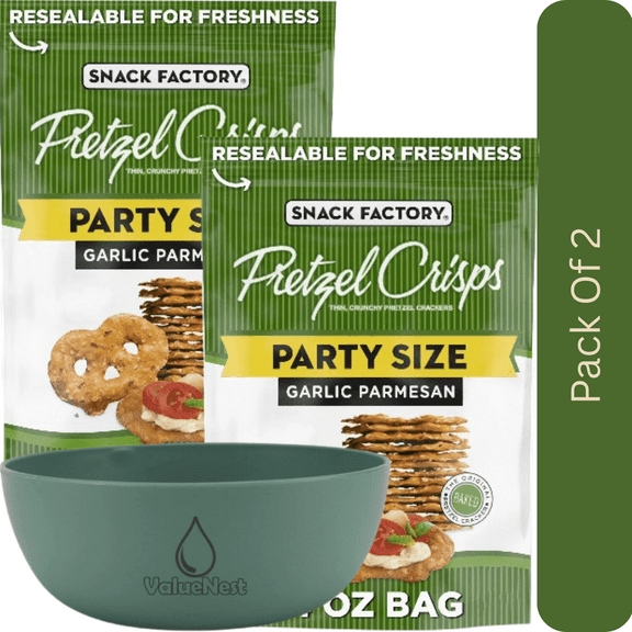 Snack Factory Garlic Parmesan Pretzel Crisps, 14 oz Party Size Bag with olive green bowl by ValueNest