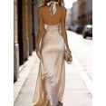 thumbnail image 3 of Apricot Satin Draped Halter Neck Maxi Dress For Women, Elegant Flowing Evening Gown, Relaxed Fit, 3 of 7