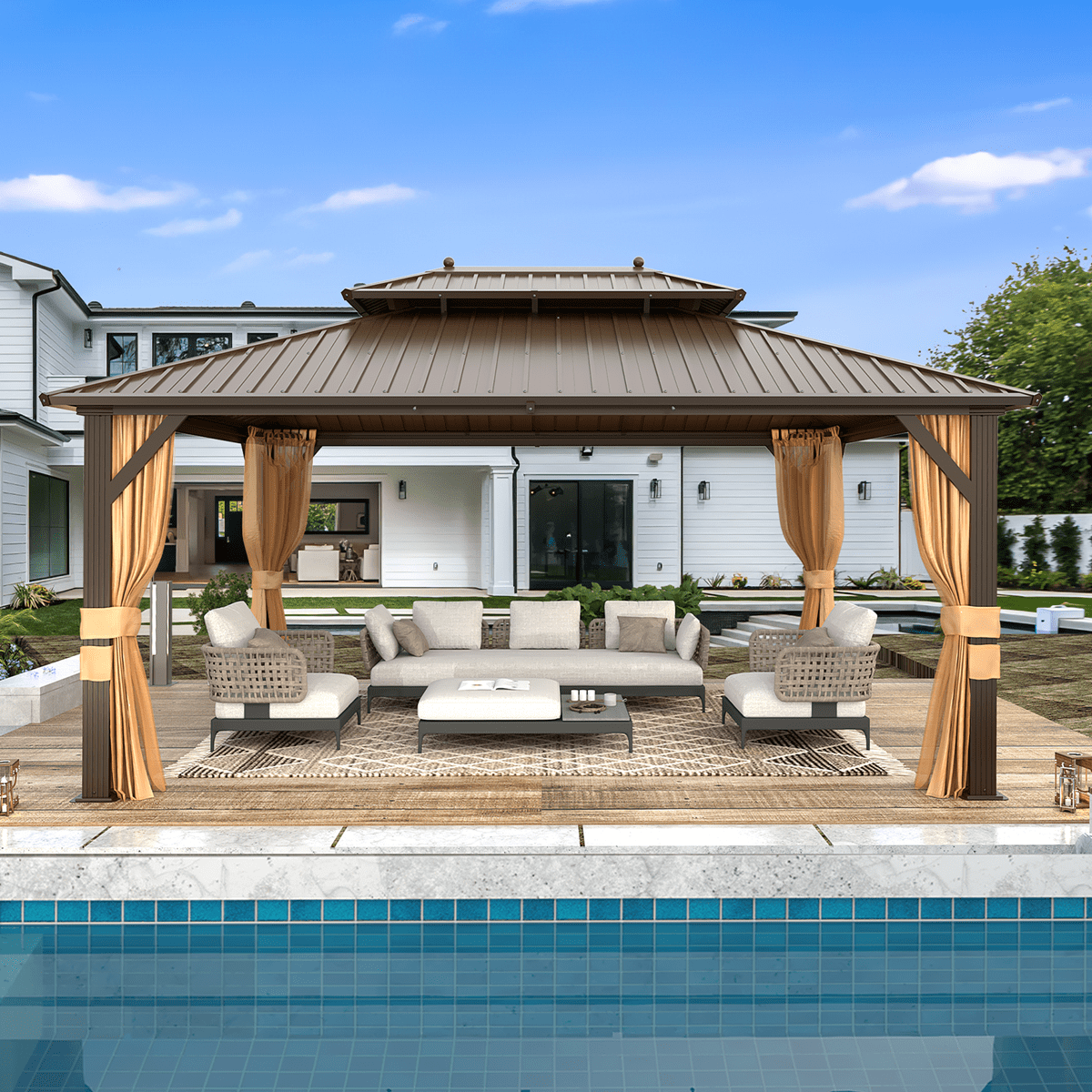 10‘x13' Hardtop Gazebo Galvanized Steel Pergola With Netting Curtains