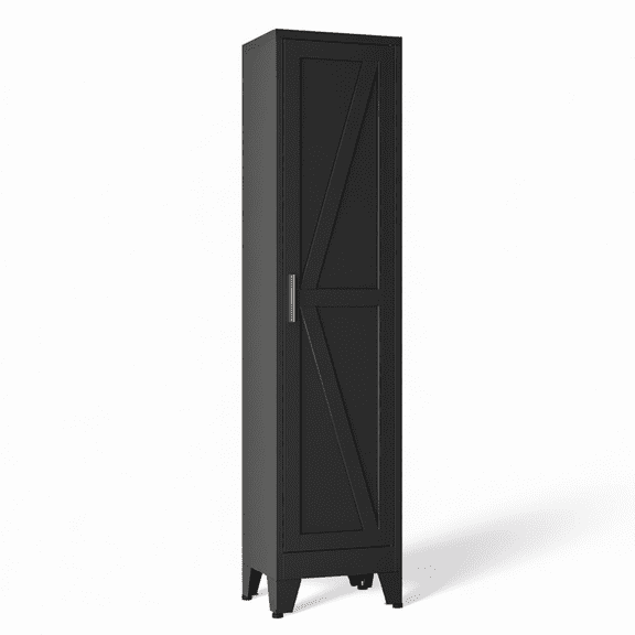 67" Tall Slim Storage Cabinet with Reversible Doors and Adjustable Shelves, 11.8" Deep x 15.7" Wide Metal Cabinet for Bathroom, Kitchen, Garage, Small Spaces, Black, 1 Pack