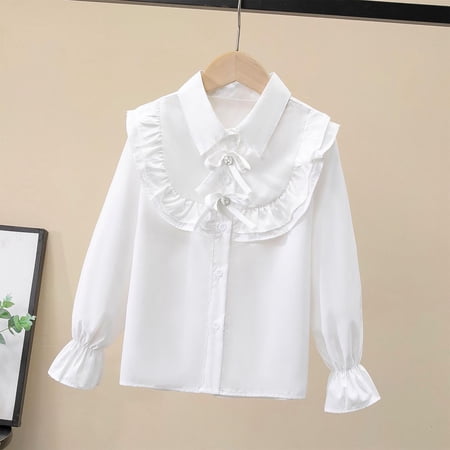 HAOTAGS Button-Up Shirts for Girls Lapel Long Sleeve School Uniform Cotton Shirt White 5 Years