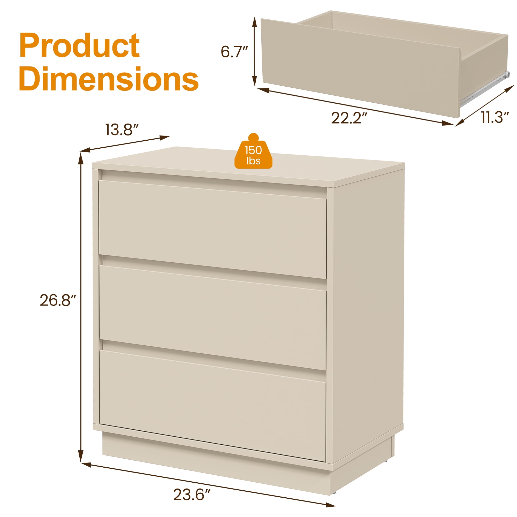 May in Color Wide Nightstand with 3 Drawers Set of 2, Nightstand for Bedroom, Large End Table Bedside Table for Home and Office, Beige