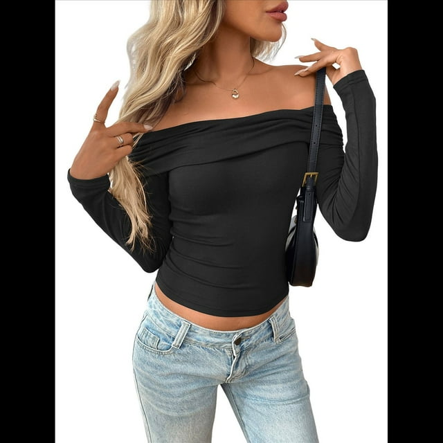 Blusas de Larga con Hombros Descubiertos para Mujer, Ajustadas, Fruncidas, Estilo Y2K, Conjuntos de Moda 2025 Negro S