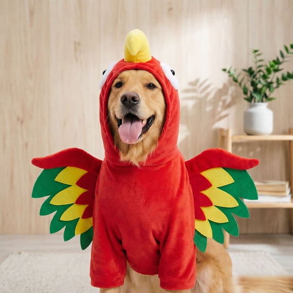 Parrot Shaped Pet Hooded Costume, Funny 3D Pet Cosplay Outfit With Colorful Wing Decor For Small Medium Large Dogs,Halloween Thanksgiving Party Pet Dress‑Up Clothes(Red-M)