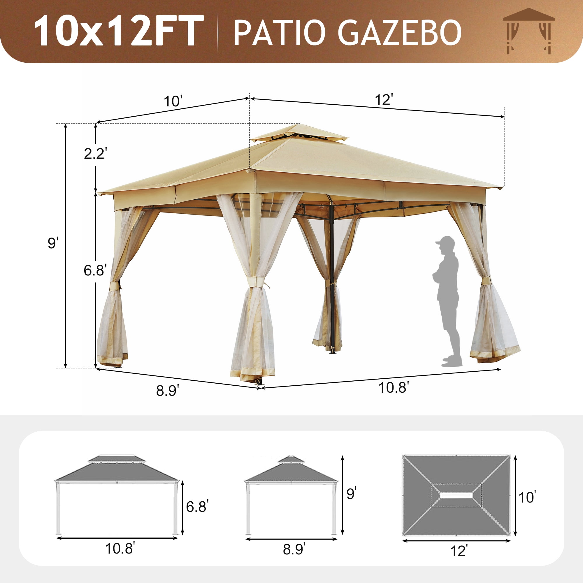 10'x12' Outdoor Gazebo Tent with Double Roofs, Patio Gazebo with Mosquito Netting, Patio Canopy for Backyard, Garden, Lawn and Deck,Beige