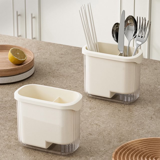 Cesta organizadora de cocina, estante de plástico para guardar cucharas y palillos, blanco, 17 x 14,5 x 9,5 cm, con diseño colgante para una fácil colocación, solución que ahorra espacio