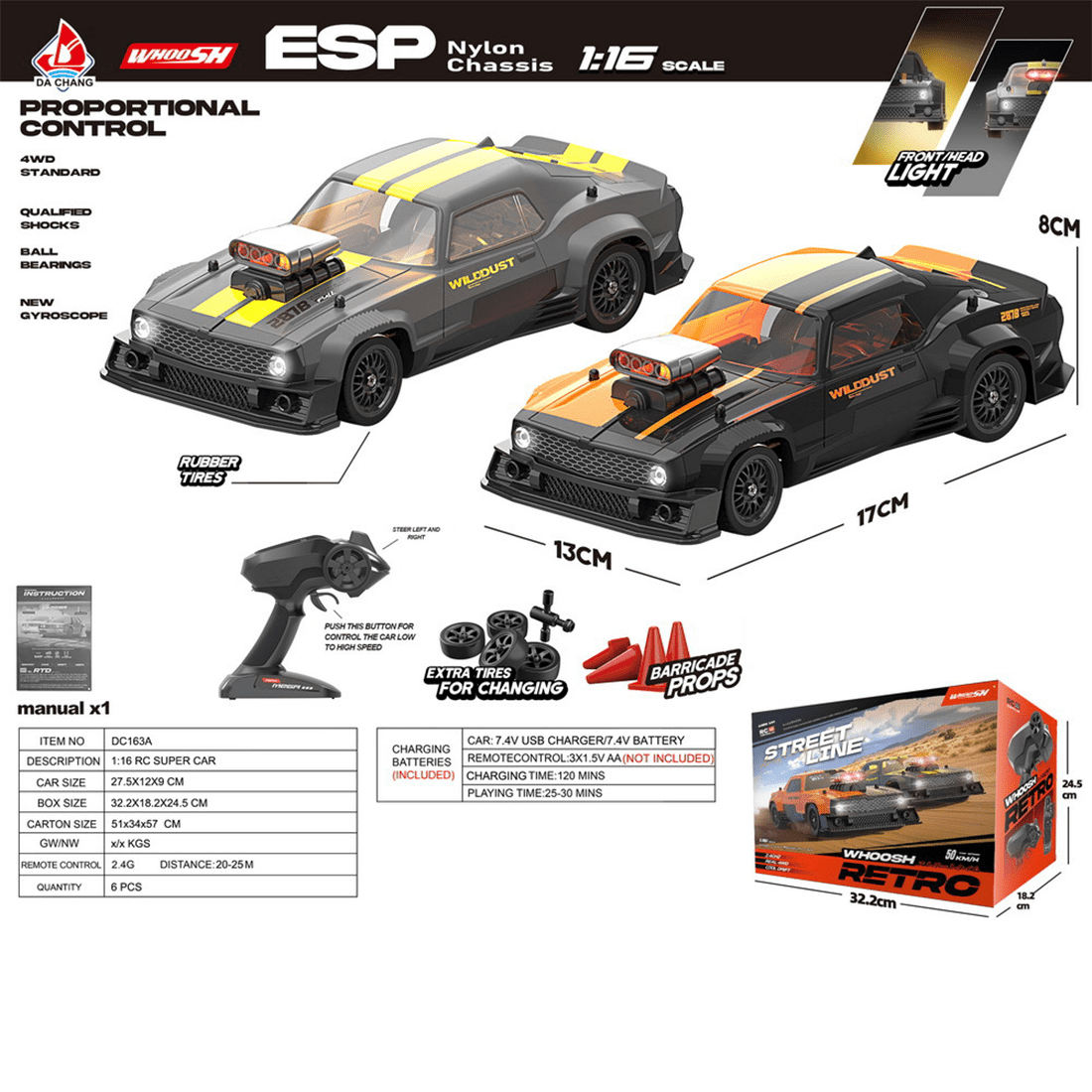 1/16 Scale 4WD RC Drift Car High Speed Racing Remote Control Vehicle With ESP Gyroscope Stabilization LED Front Rear Lights Full Proportional Driving System For Adults Hobbyists