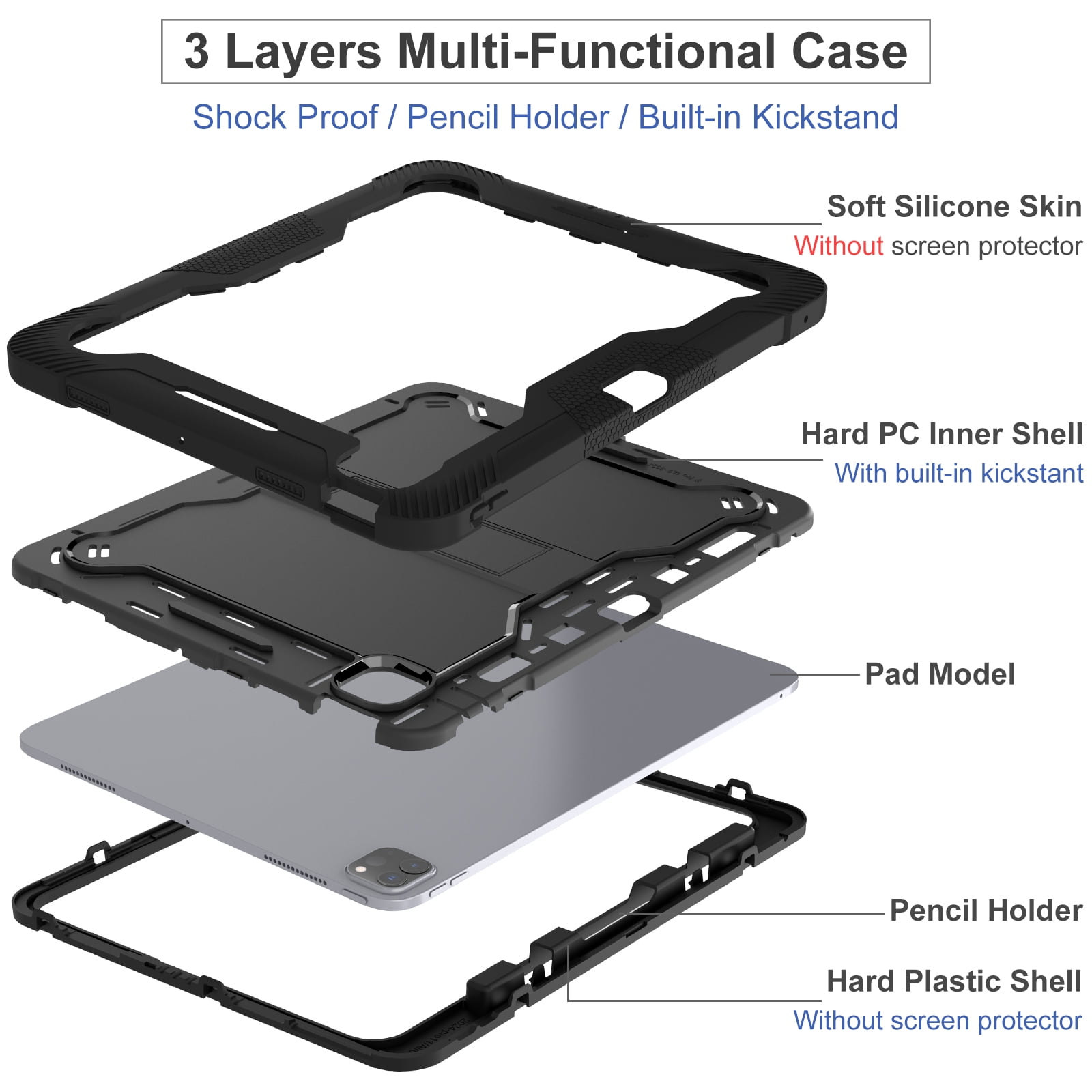 Dteck Case for iPad Pro 13 inch 2024,Heavy Duty Case 3 Layer Protection Shockproof Protective Cover Built-in Pencil Holder Kickstand for iPad Pro 13-in. (M4) 2024,Black