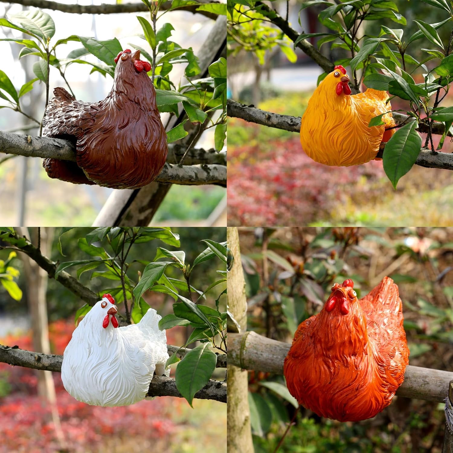 Chickens Statue Funny Yard Decor:Resin Chicken Figurines,Tree Fence Decorations Outdoor,Chicken Decorations for Garden,Farm,Patio,Backyard (Yellow)