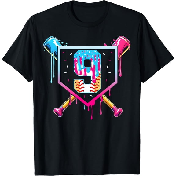 Baseball 9 Year Old Ice Cream Drip 9th Birthday 9 T-Shirt