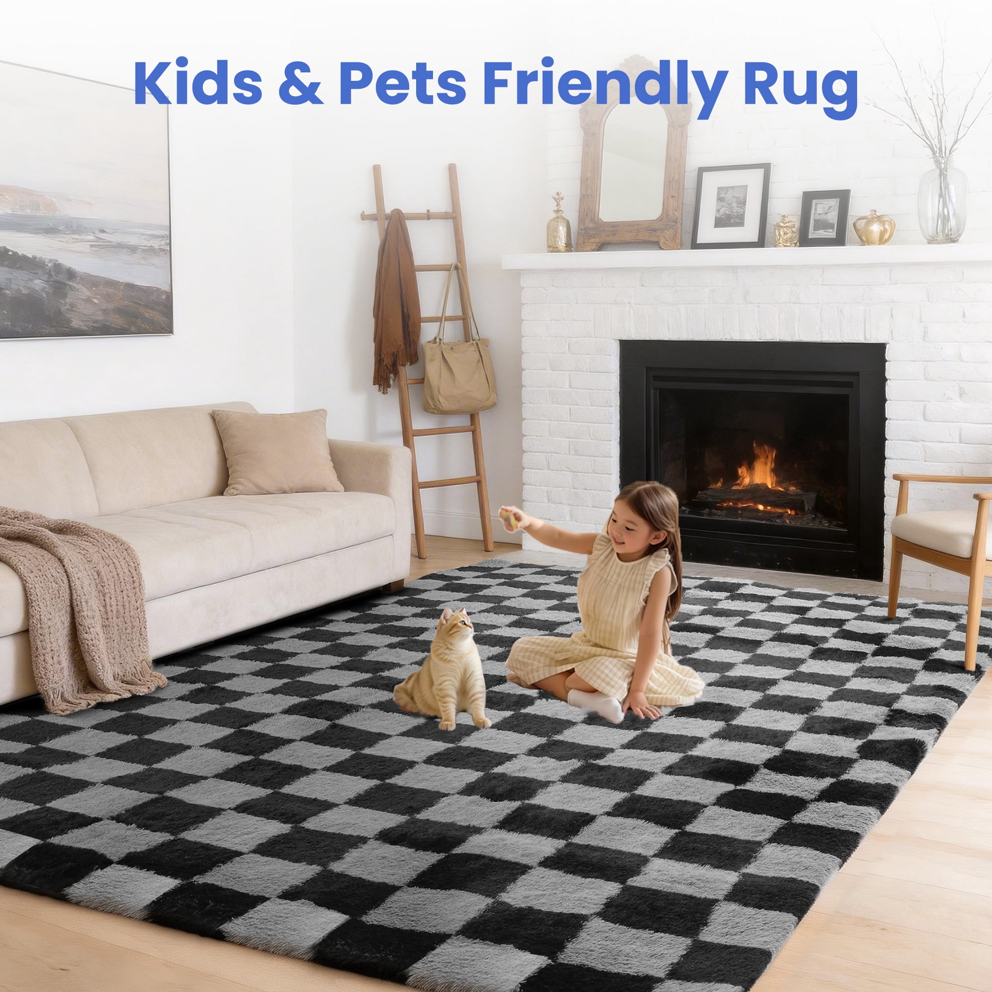 CozyDesg Shag Area Rugs,5'x8' Soft Fluffy Floor Rugs Checkered Carpet，Washable Area Rugs for Living Room Bedroom Decor,Black & Grey
