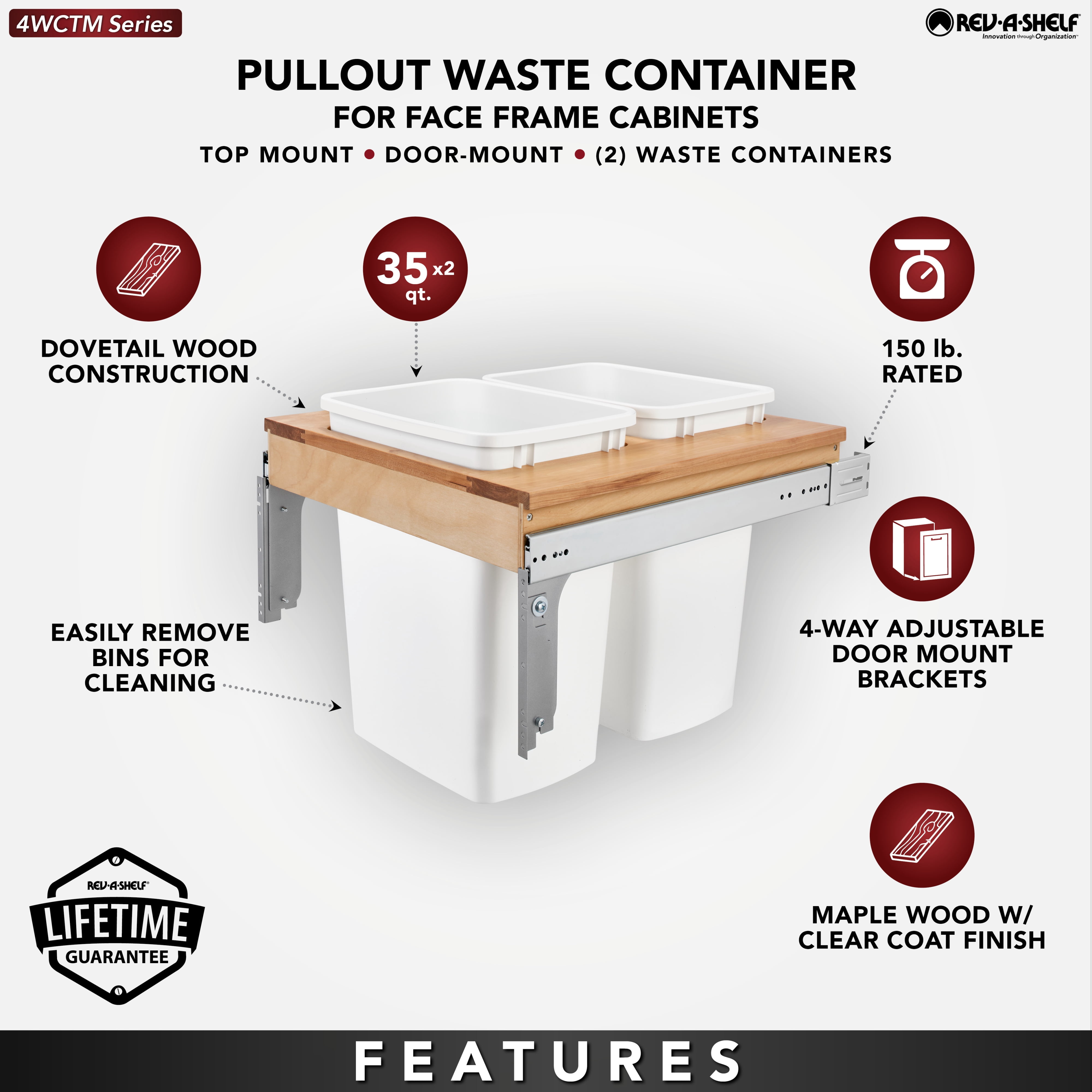 Rev-A-Shelf Top Mount Double Pullout Under Cabinet Trash Can, 35 Qt, 4WCTM-24DM2-162