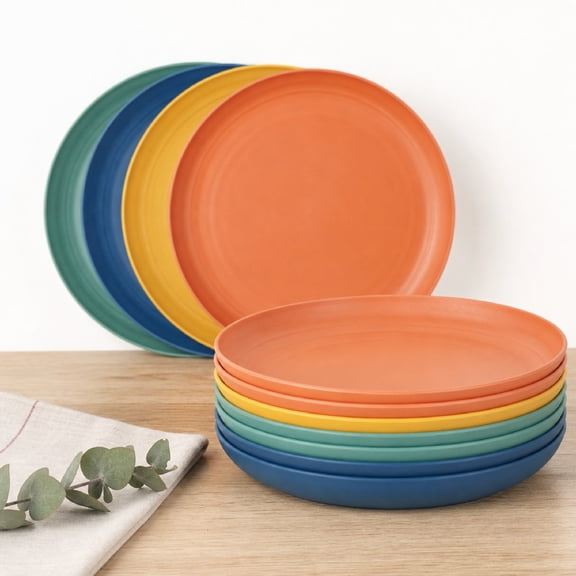 Wheat Straw Plates 8 Inch, Set of 8 Reusable Dinner Plates, Microwave and Dishwasher Safe, BPA Free