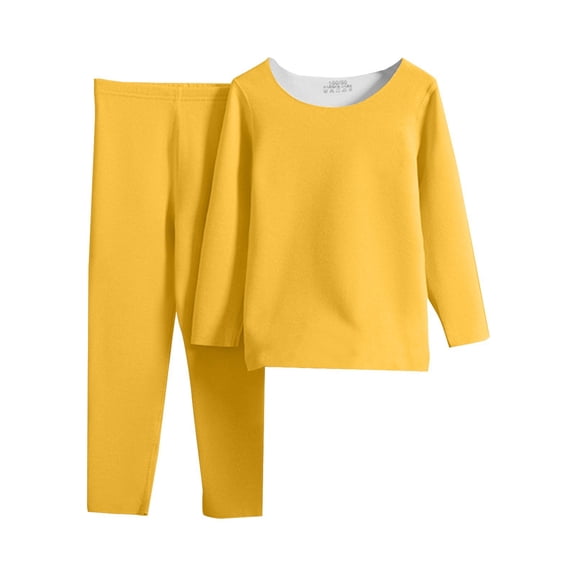 LIJCC Children's Two Piece Solid Color Thermal Underwear and Thermal Pants Set Kids Base Layer Winter Warm(Yellow,18-24 Months)