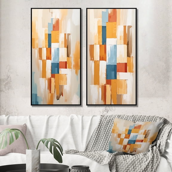 Designart "Colorful Retrovisions Beige Blue" Modern Midcentury Framed Wall Art Set Of 2 - Mid-Century Beige Gallery Wall Frame Set For Home Decor