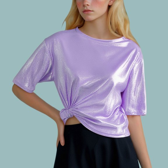 SHITINN Women's Shiny Glossy Solid Color Turtleneck Short Sleeve Tee Shirt Top Women's Short Sleeve Tops Womens Casual Tops Tops for Women Trendy Summer