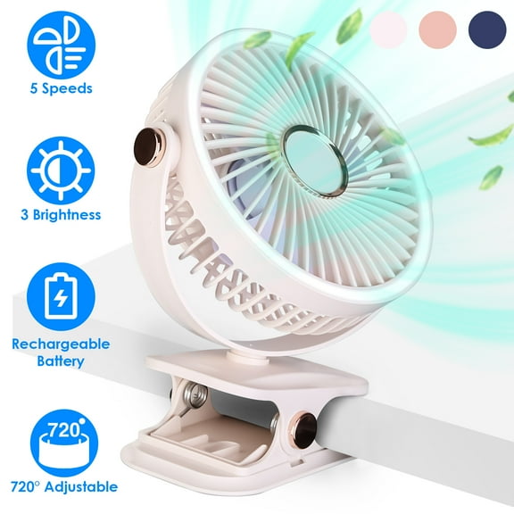 Zorpupoa 1Pc Portable Clip On Fan with 5 Speeds 3 Brightness 720° Fully Adjustable Angle Type-C Rechargeable Clip Desk Fan Wall Mounted Fan for Camping Office Home Dorm Stroller Car