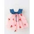 thumbnail image 3 of Arvbitana Baby Girls Tulle Princess Dress Sleeveless Square Neck Denim Ruffles Cherry Embroidery Patchwork Mesh Dresses with Bowknot Cute Infant Clothes 9-24M, 3 of 9