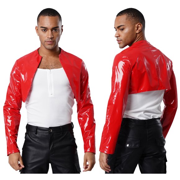 YiZYiF Mens Wet Look Leather Cropped Jacket Stand Collar Long Sleeve Open Front Shrug Outerwear Red XL