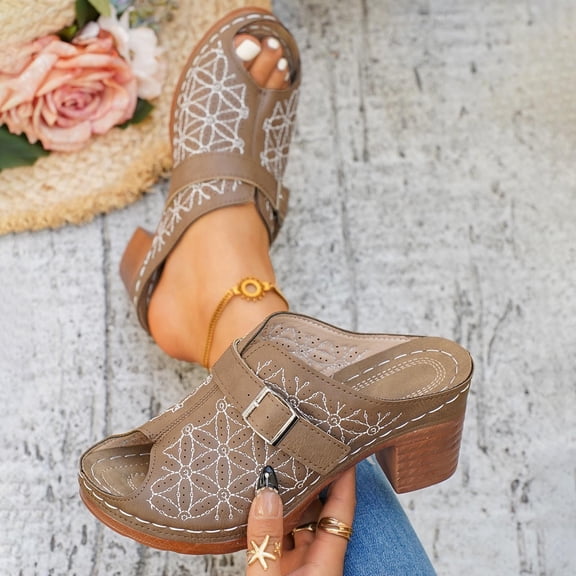 Wowcloth Women's Open Toe High Heel Slides – Floral Embroidery and Metal Buckle Slip-On for Spring Summer Casual Wear