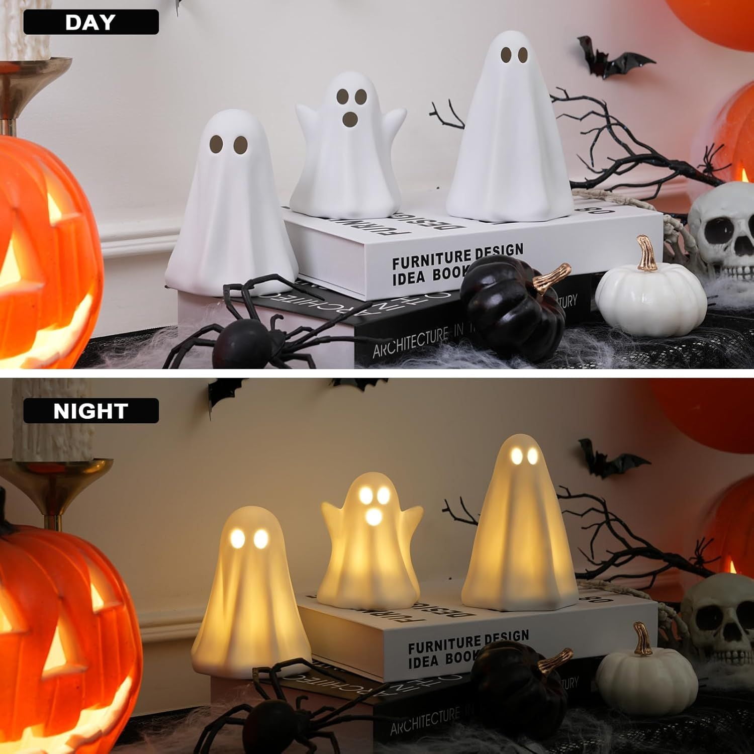 Light Up Ceramic Ghost Decorations with Timer for Halloween Indoor Display