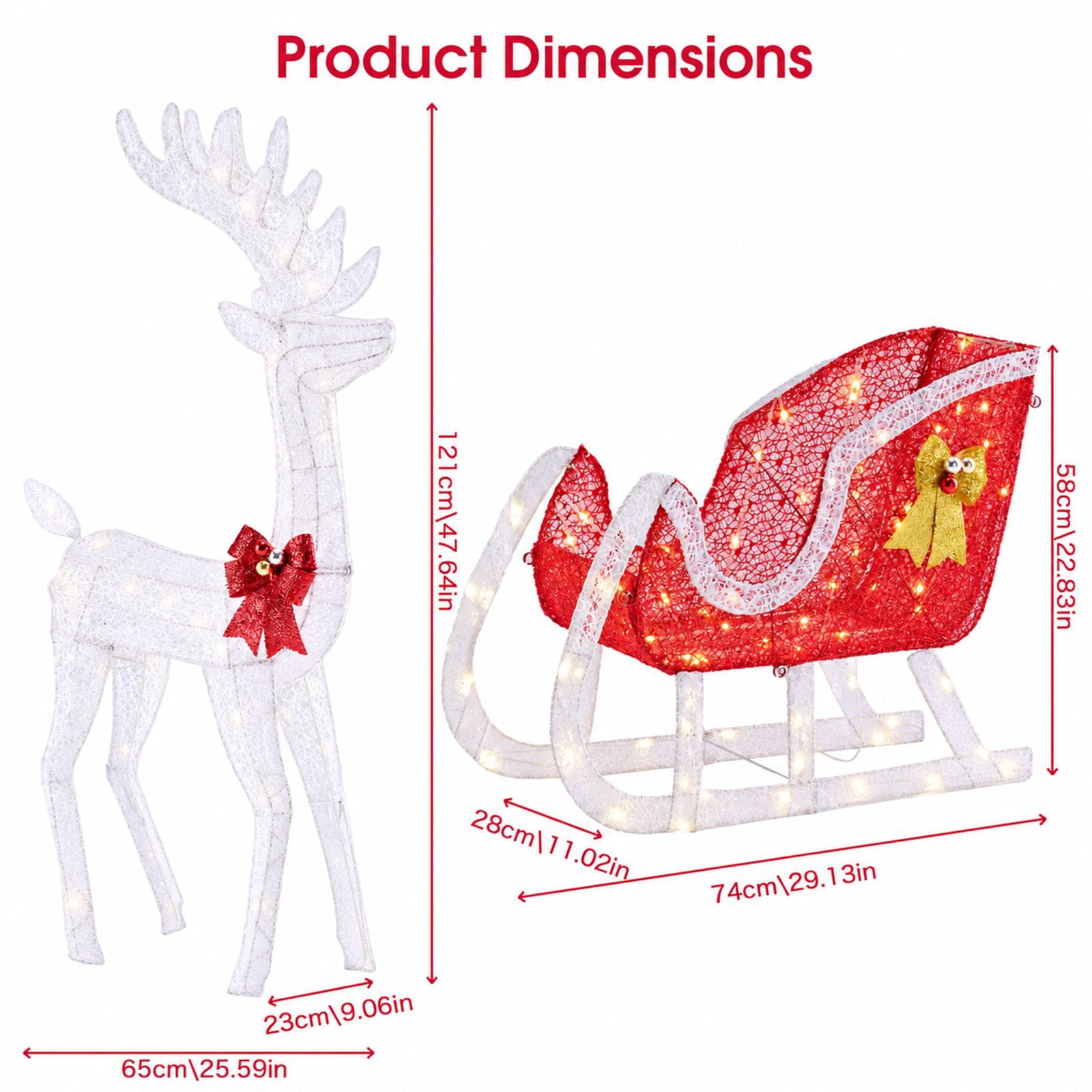 Alvantor Christmas Decoration Lighted Reindeer Sleigh, 180 LEDs, Yard Decor, White, 25.6 x 9.1 x 47.6 In