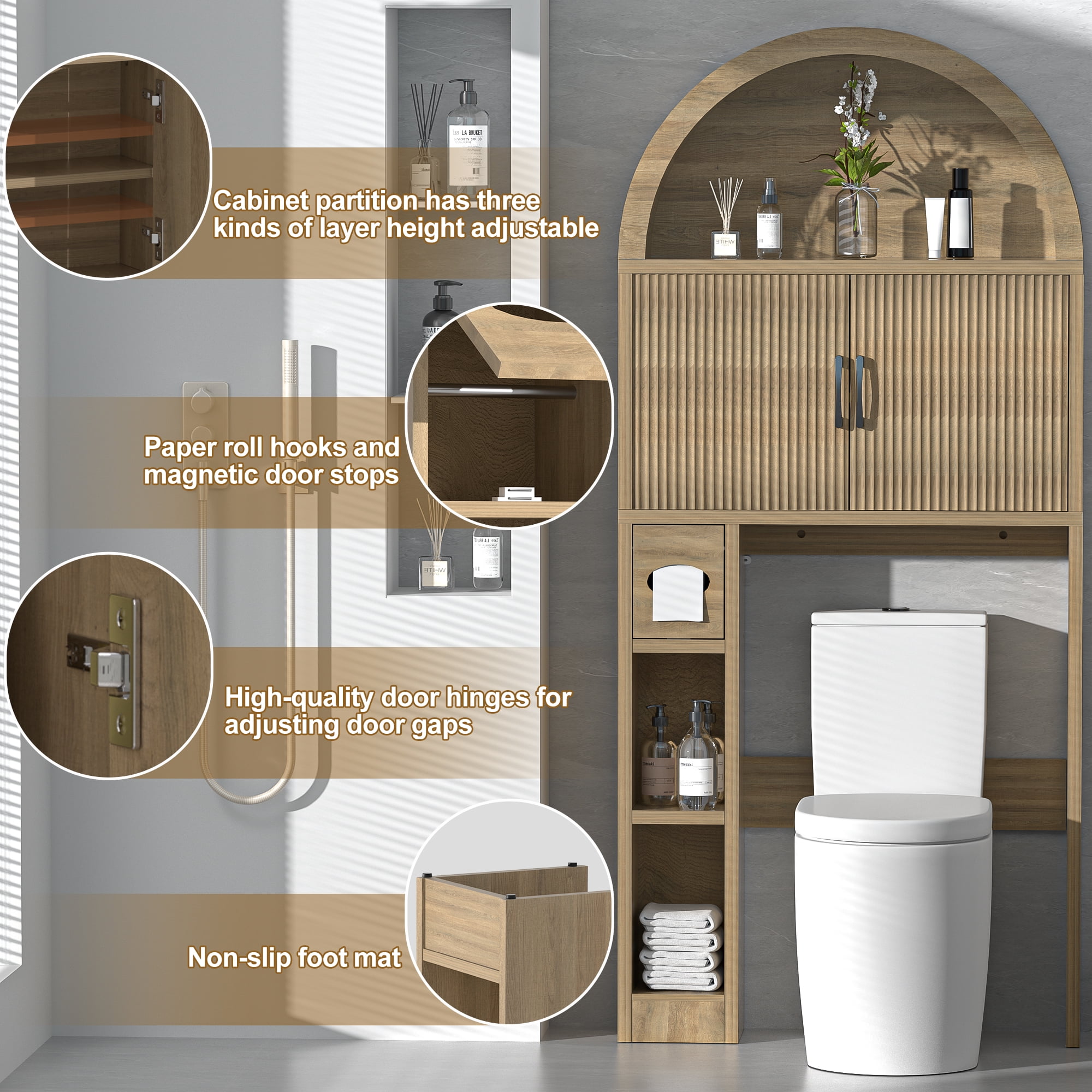 HARIPUL Over The Toilet Storage Cabinet w/ Unique Wood Grain & Arc Design, Freestanding Bathroom Shelf Organizer Space Saver w/ Doors & Anti-Tip Device, Wood Color