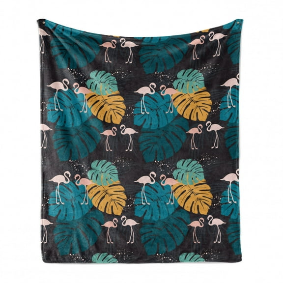 Safari Soft Flannel Fleece Throw Blanket, Tropical Arrangement of Flamingos Monstera Leaves Plantation and Spots, Cozy Plush for Indoor and Outdoor Use, 60" x 80", Indigo and Multicolor, by Ambesonne
