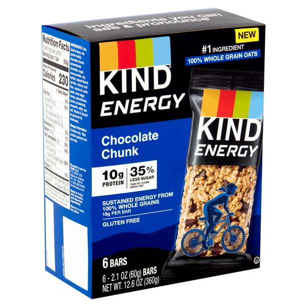 KIND Bars, Chocolate Chunk Energy Bars, Gluten free, 2.1 oz, 6 Snack Bars