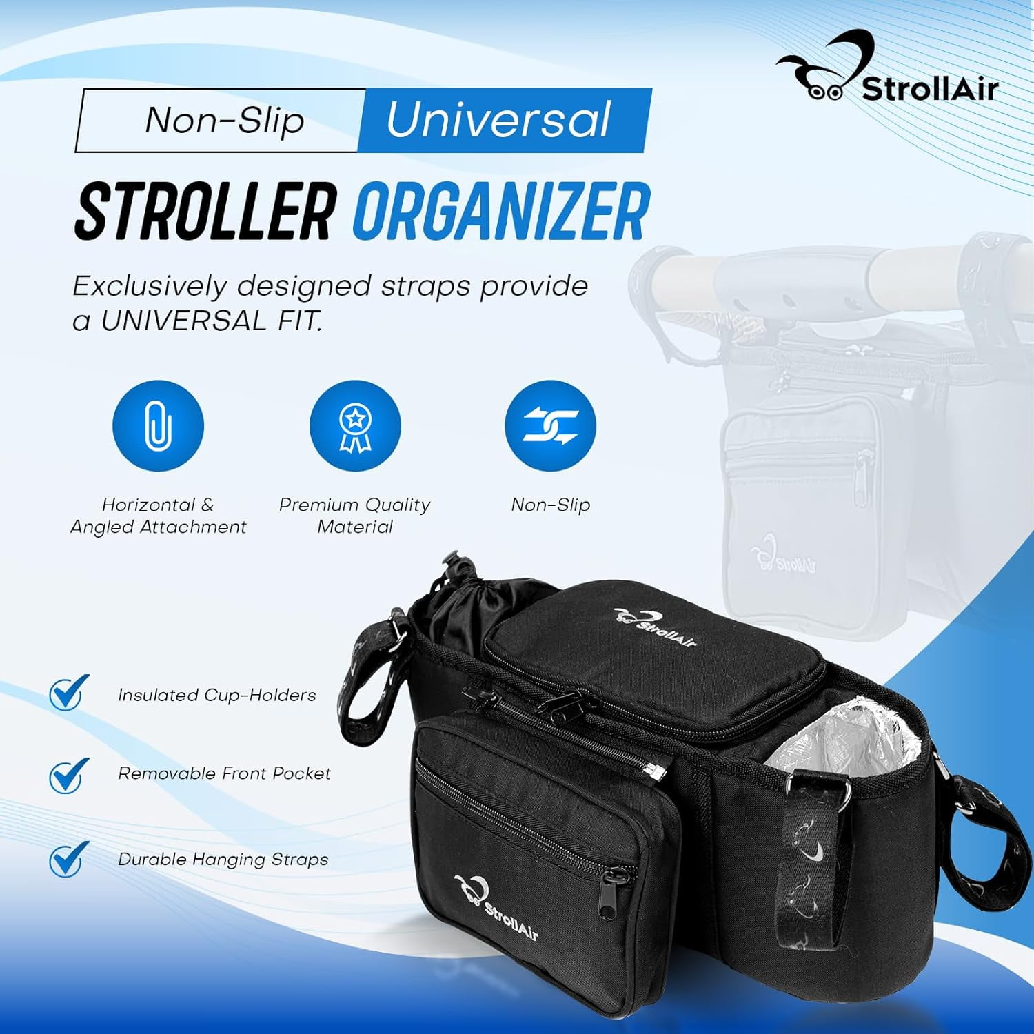 StrollAir - Universal Organizer for Single Strollers - Compatible with CosmoS, SOLO, Nuna, Baby Jogger, Bumbleride, Uppababy, Bugaboo - Black (Black)