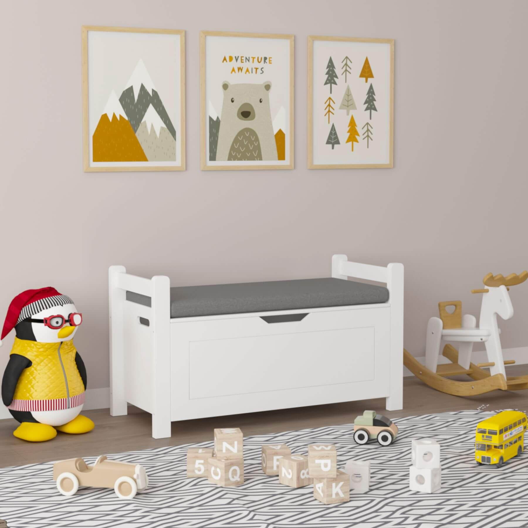 MOONRIVER Kids Toy Box Chest, White Storage Cabinet with Cushion Seat Bench