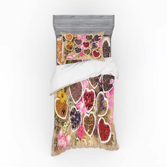 Ambesonne Floral Bedding Set 3 Pcs, Dried Petals Leaves in Bowls, Twin, Multicolor