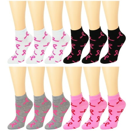 Ankle Ribbon - 12 Pack Women's Ankle Socks Assorted Colors Size 9-11 Pink Ribbon Breast Cancer Awareness