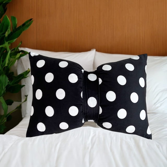 Polka Dot, Lumbar, Velvet Bow Pillow Cushion for Sofa Chair, Living Room, Bedroom, Detachable Cover, 1 Count