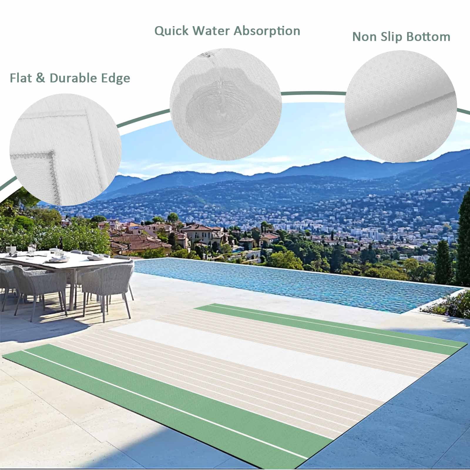 Green Beige Stripe Outdoor Rug 5x8 Ft - Reversible Patio Rug Outdoor Camping Rugs, Modern Art Horizontal Striped Washable Indoor Outdoor Area Rugs, Non-Slip Outdoor Carpet Runner for Deck/Porch