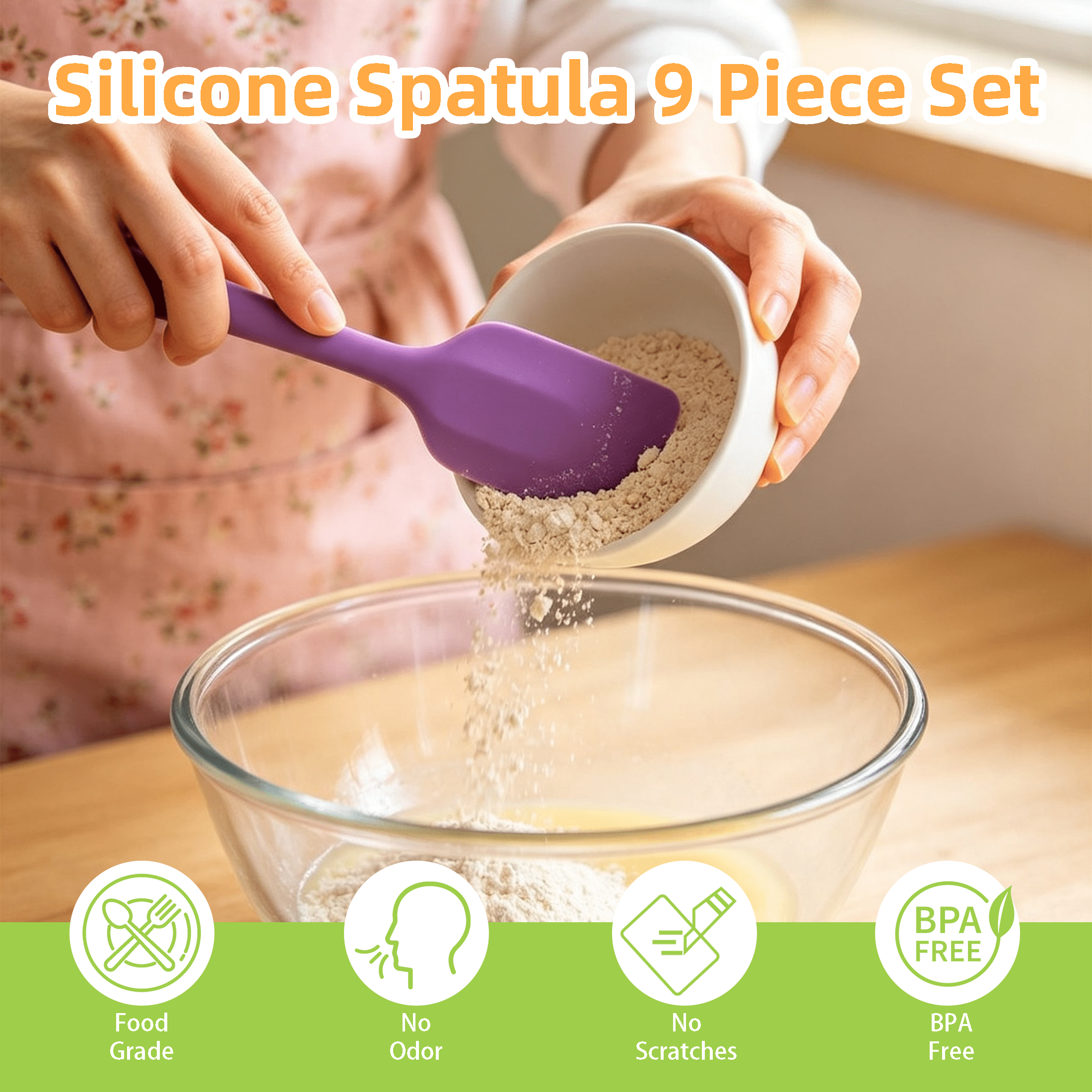 9‑Piece Silicone Spatula Set, Heat‑Resistant Silicone Baking Utensils, Non‑stick Kitchen Cooking Tools with Whisk, Basting Brush and Egg Separator, Multicolor Rubber Spatula Kit for Mixing, Baking