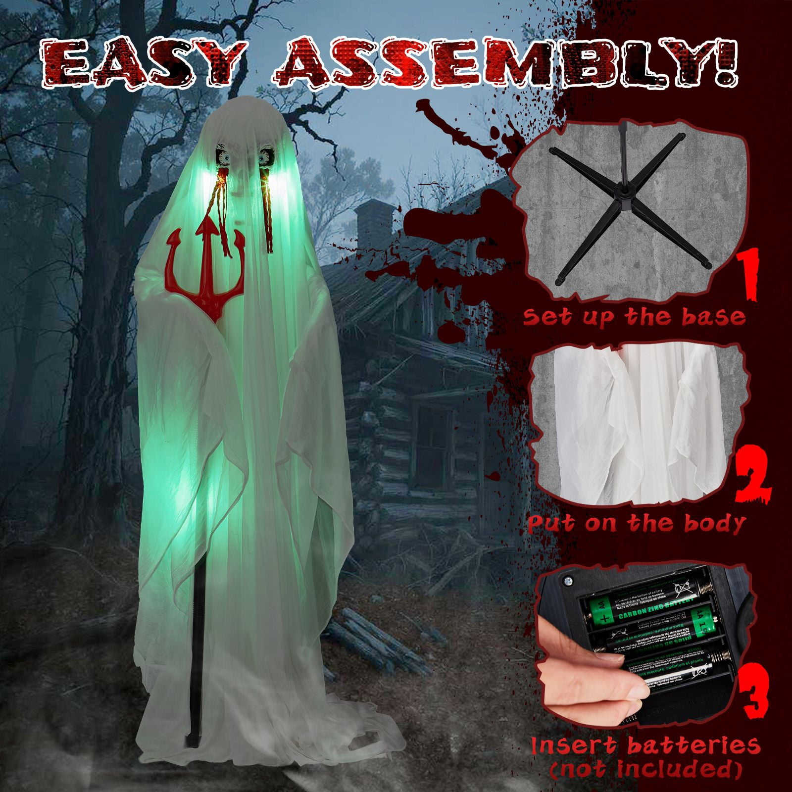 4.3FT Animatronics Ghost with Trident Sound-Activated Green LED for Halloween Haunted House Yard