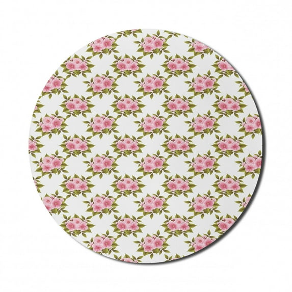 Japanese Mouse Pad for Computers, Blossoming Sakura Flowers Coming of the Spring Nature Arrangement, Round Non-Slip Thick Rubber Modern Gaming Mousepad, 8" Round, Pale Pink White, by Ambesonne